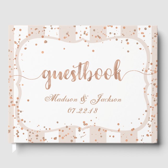 Sand Stripes & Rose Gold Confetti Wedding Monogram Guest Book (Front)