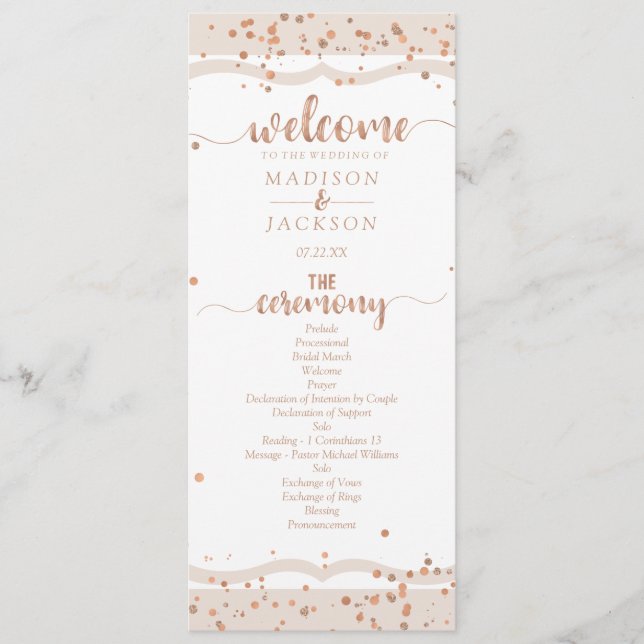 Sand Stripes & Rose Gold Confetti Wedding Program Programme (Front)