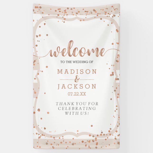 Sand Stripes & Rose Gold Confetti Wedding Welcome Banner (Vertical)