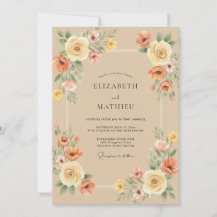 Sand Warm Autumnal Floral Wedding Invitation