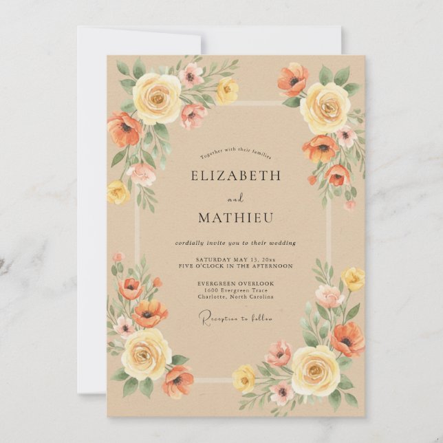Sand Warm Autumnal Floral Wedding Invitation (Front)