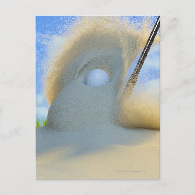 sand wedge hitting a golf ball out of a sand postcard (Front)