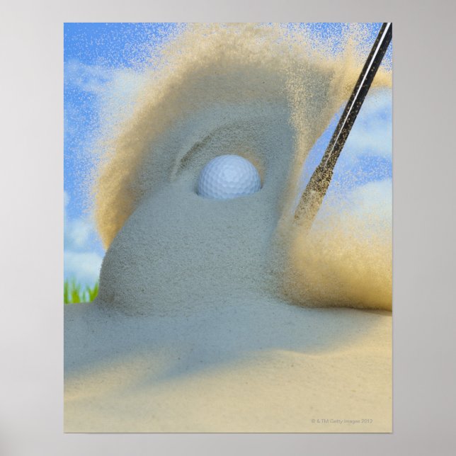 sand wedge hitting a golf ball out of a sand poster (Front)