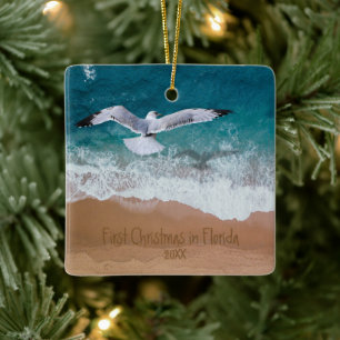 Sand Writing Beach Our First Christmas in Florida Ceramic Ornament