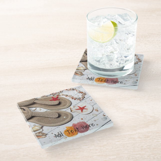 Sandals, Seashells and Starfish at the Beach Glass Coaster (Angled)
