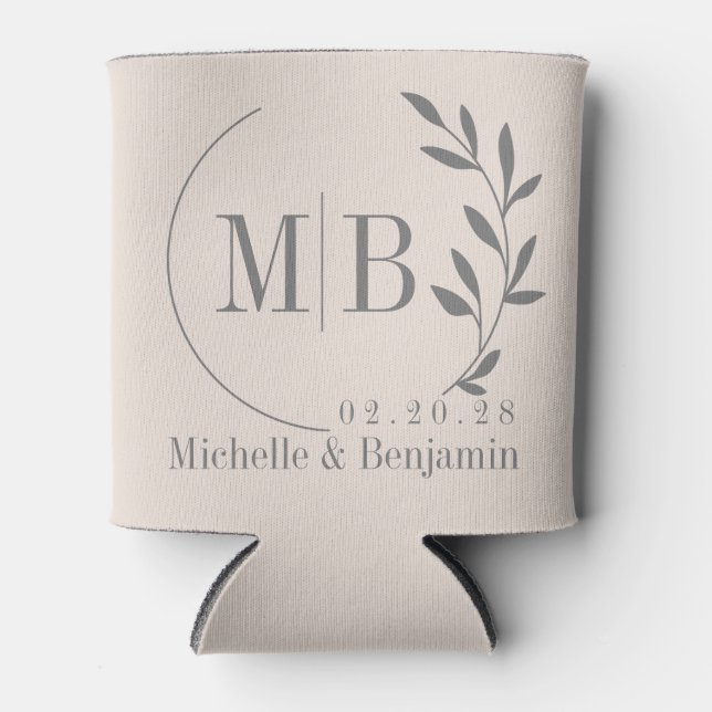 Sandcastle Pink Leaf Wedding Monogram Can Cooler (Front)