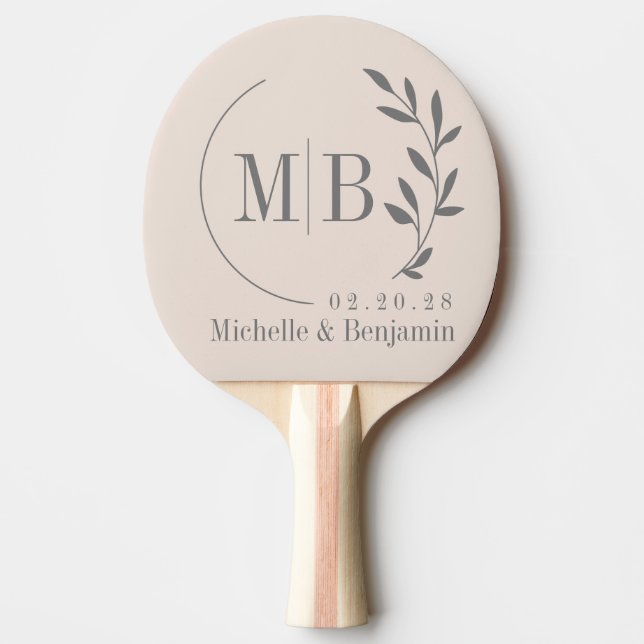 Sandcastle Pink Leaf Wedding Monogram Ping Pong Paddle (Front)