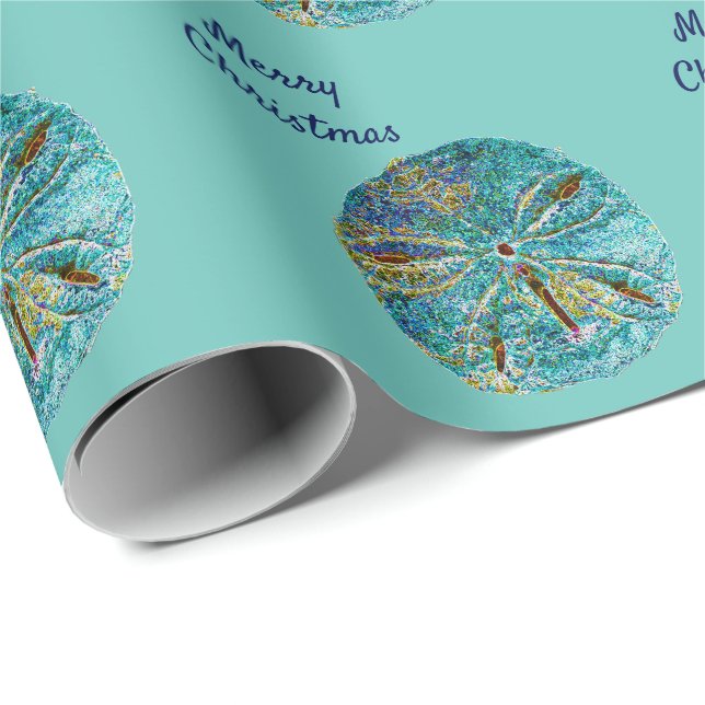 Sanddollar Pattern Abstract Merry Christmas Blue Wrapping Paper (Roll Corner)