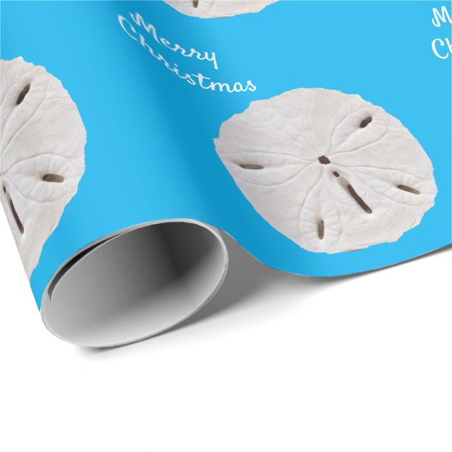 Sanddollar Pattern Blue Beach Merry Christmas 2025 Wrapping Paper (Roll Corner)