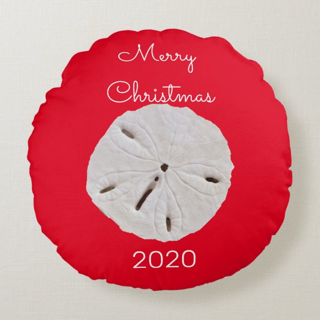 Sanddollar Pattern Red White Merry Christmas Gift Round Cushion (Front)
