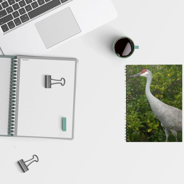 Sandhill Crane Bird Green Leaves Photo Notebook (A notebook featuring a photo of a sandhill crane in front of green leaves.)