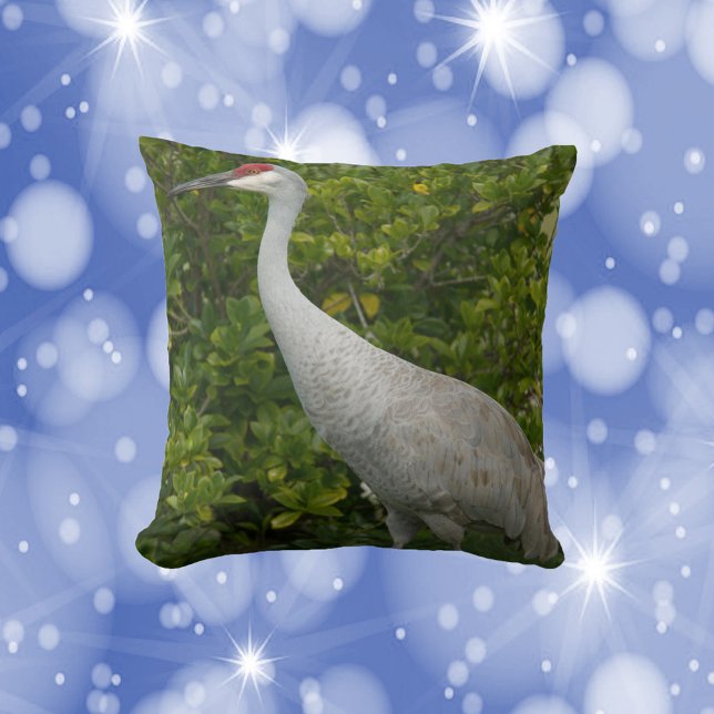 Sandhill Crane Bird in Front of Greenery Photo Cushion (A throw pillow featuring a photo of a sandhill crane bird.)