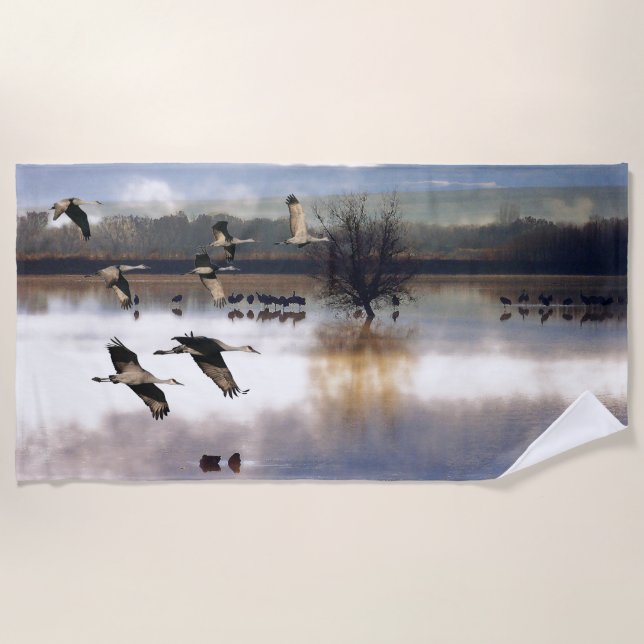 Sandhill Crane Birds Flying Wildlife Beach Towel (Front)
