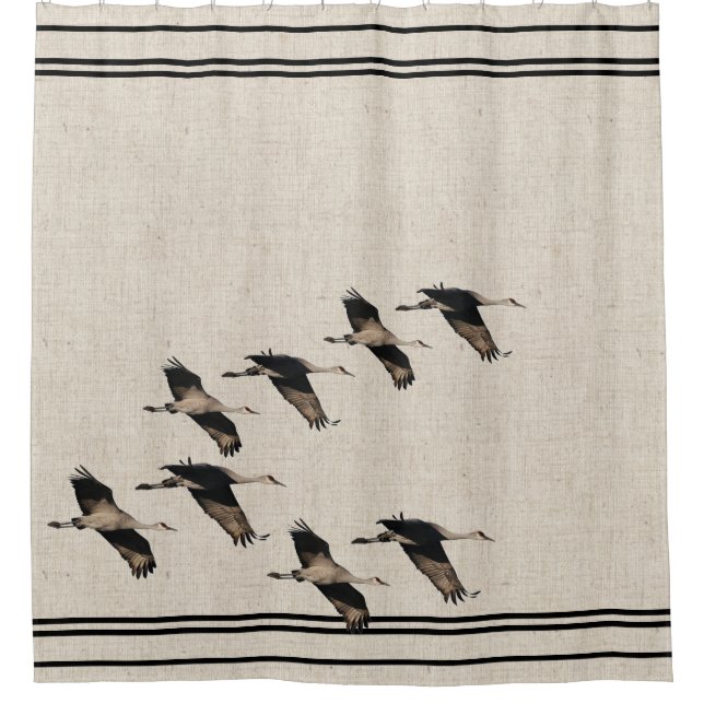 Sandhill Crane Birds Wildlife Faux Linen Stripes Shower Curtain (Front)
