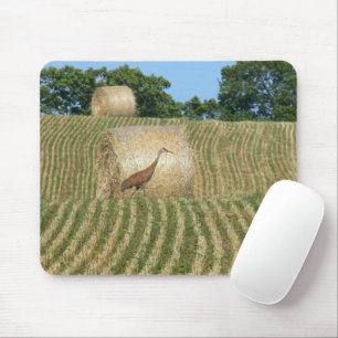 SANDHILL CRANE/FARM FIELD/ROUND BALES OF HAY MOUSE MAT
