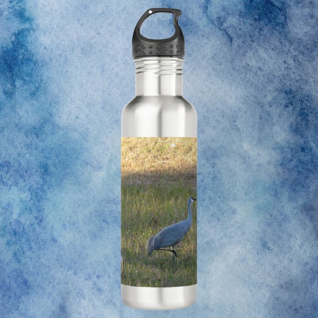 Sandhill Cranes Eating Grass Photograph 710 Ml Water Bottle (A water bottle with a photograph of three sandhill crane birds eating grass.)