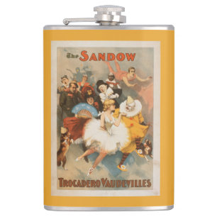 Sandow Trocadero Vaudevilles Carnival Theme Hip Flask