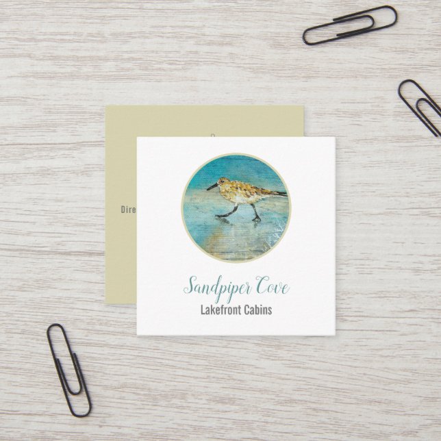 Sandpiper Bird Beach Coastal Rental Square Business Card (Front/Back In Situ)