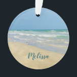 Sandpiper on the Seashore | Beautiful Beach Custom Ornament<br><div class="desc">Beautiful beach ornament with gorgeous seaside photography featuring a pretty sandpiper standing at the edge of the ocean waves on a sunny summer day. Lovely blue green water waves roll onto the sandy shore where your name is personalised in cute teal typography. A beautiful Christmas gift for a daughter, mum,...</div>