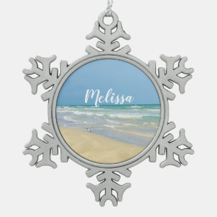 Sandpiper on the Seashore   Beautiful Beach Custom Snowflake Pewter Christmas Ornament