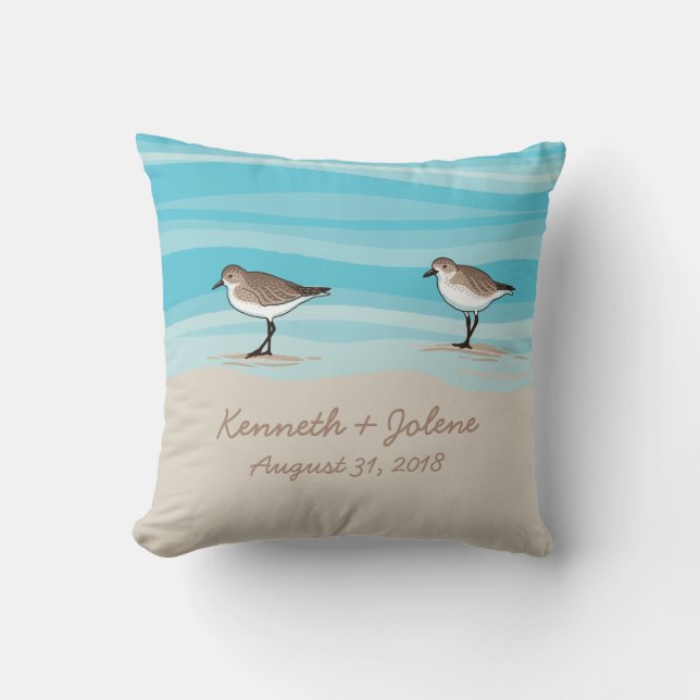 Sandpipers on Beach Wedding Date Names in Sand Cushion (Front)