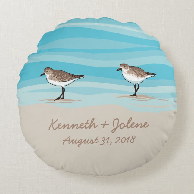 Sandpipers on Beach Wedding Date Names in Sand Round Cushion (Front)