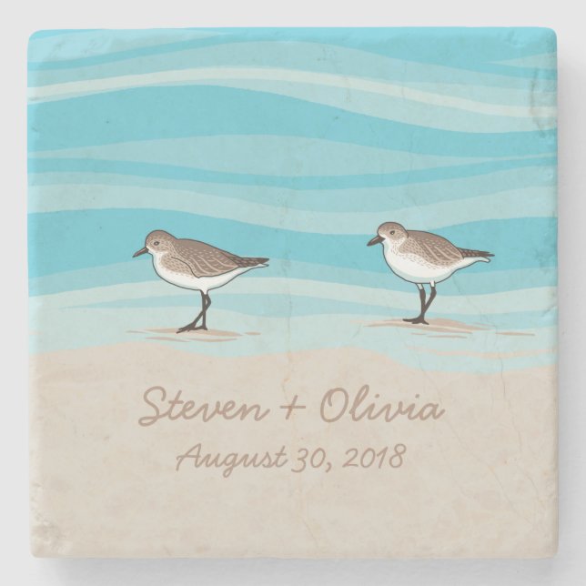 Sandpipers on Beach Wedding Date Names in Sand Stone Coaster (Front)