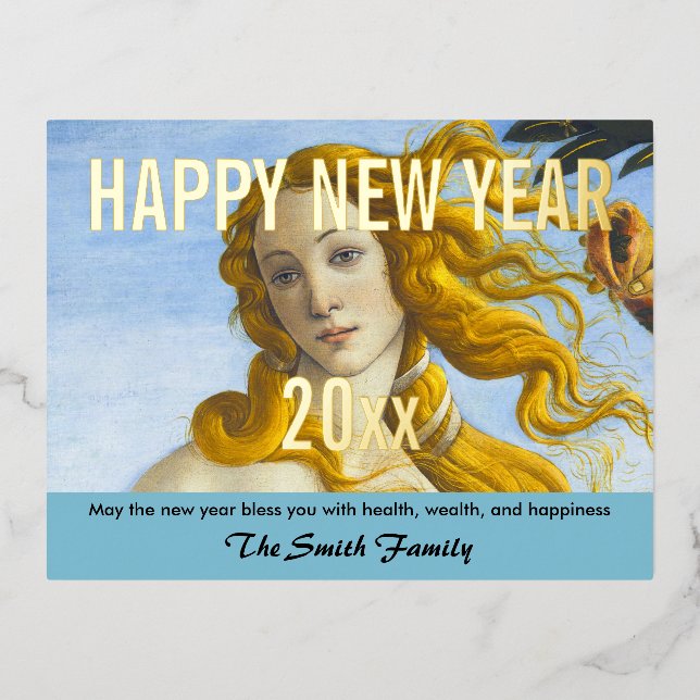 Sandro Botticelli - Birth of Venus Happy New Year Foil Holiday Postcard (Front)