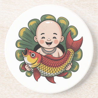 Sandstone Coaster | Cute Boy with Lucky Koi