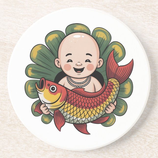 Sandstone Coaster | Cute Boy with Lucky Koi (Front)