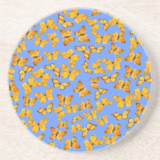 Sandstone Coaster, Golden Butterflies on Blue Coaster (Front)
