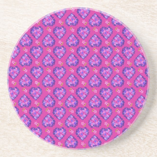 Sandstone Coaster, Hearts Flowers, Magenta, Mauve Coaster (Front)