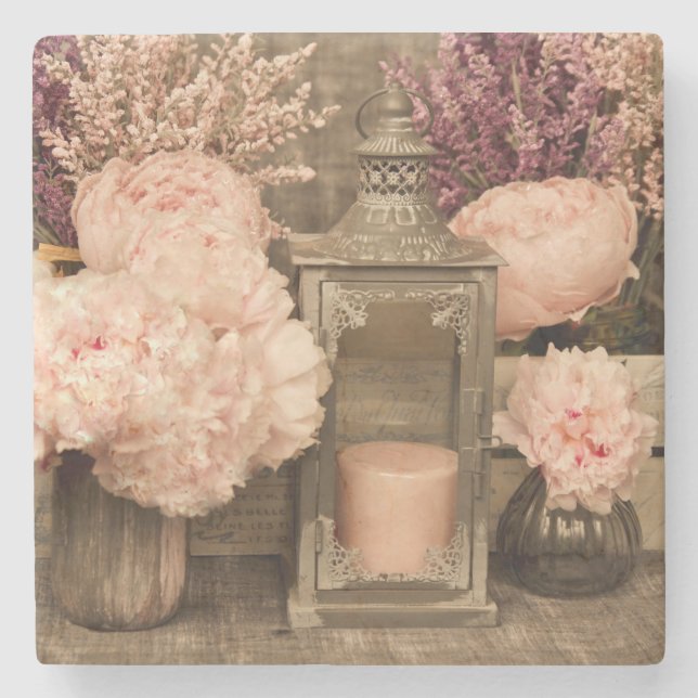 Sandstone Coaster  Peonies, Lanterns and Crates (Front)