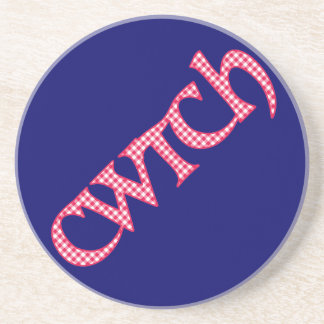 Sandstone Coaster, Welsh Cwtch, Check on Blue Coaster