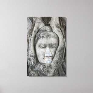 Sandstone head of Buddha surrounded by tree Canvas Print