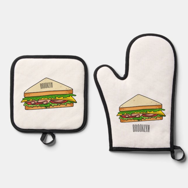 Sandwich cartoon illustration oven mitt & pot holder set (Front)