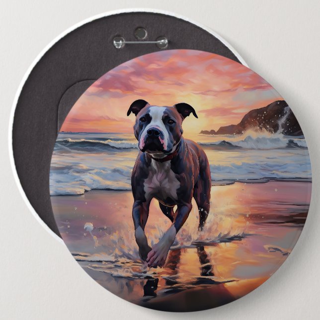 Sandy American Staffordshire Dog on Beach Sunset 6 Cm Round Badge (Front & Back)
