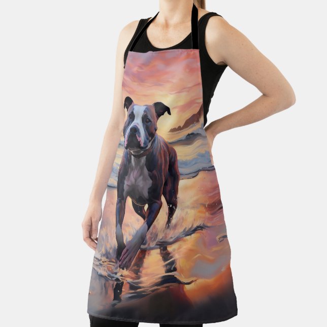 Sandy American Staffordshire Dog on Beach Sunset Apron (Insitu)