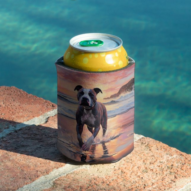 Sandy American Staffordshire Dog on Beach Sunset Can Cooler (In Situ Pool)