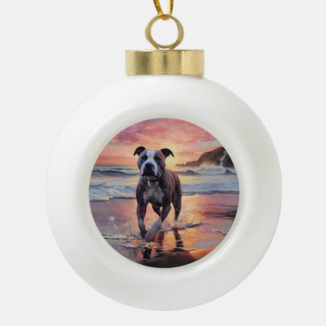 Sandy American Staffordshire Dog on Beach Sunset Ceramic Ball Christmas Ornament (Front)
