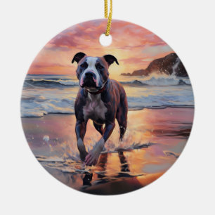 Sandy American Staffordshire Dog on Beach Sunset Ceramic Tree Decoration