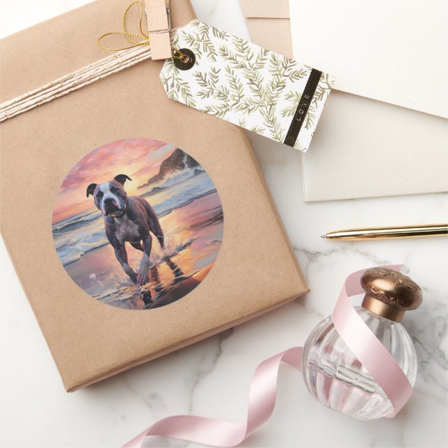 Sandy American Staffordshire Dog on Beach Sunset Classic Round Sticker (Gifting)
