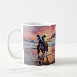 Sandy American Staffordshire Dog on Beach Sunset Coffee Mug