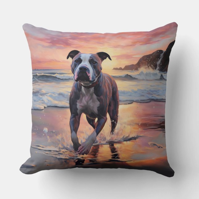Sandy American Staffordshire Dog on Beach Sunset Cushion (Front)