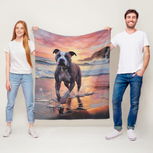 Sandy American Staffordshire Dog on Beach Sunset Fleece Blanket