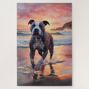 Sandy American Staffordshire Dog on Beach Sunset Jigsaw Puzzle