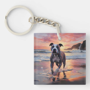 Sandy American Staffordshire Dog on Beach Sunset Key Ring