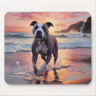 Sandy American Staffordshire Dog on Beach Sunset Mouse Mat