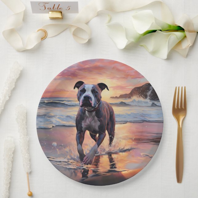 Sandy American Staffordshire Dog on Beach Sunset Paper Plate (Wedding)