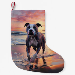 Sandy American Staffordshire Dog on Beach Sunset Small Christmas Stocking